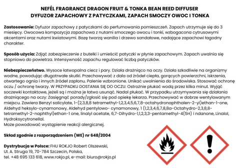 Dyfuzor zapachowy z patyczkami NEFÉL FRAGRANCE DRAGON FRUIT & TONKA BEAN REED DIFFUSER 480ml Interchem Italia