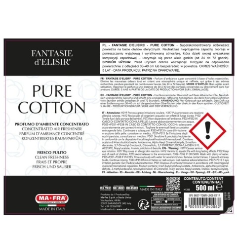Odświeżacz w sprayu do auta i pomieszczeń FANTASIE DI ELISIR PURE COTTON 500ml Mafra