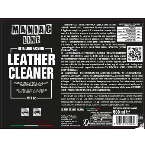 Pianka do czyszczenia skórzanej tapicerki LEATHER CLEANER 500ml Maniac Line Mafra