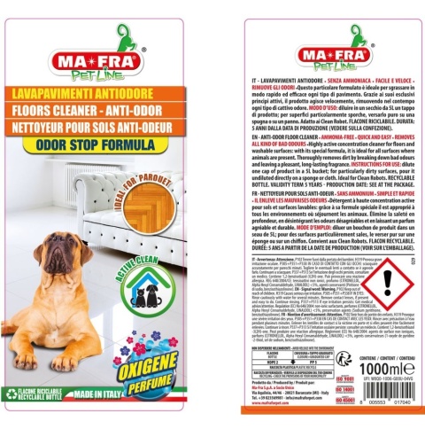 Płyn do mycia podłóg neutralizujący zapachy zwierząt LAVAPAVIMENTI ODORSTOP OXYGENE 1000ml Mafra