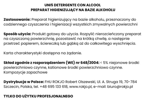 Płyn do mycia powierzchni z alkoholem UNI5 DETERGENTE CON ALCOOL 750ml Interchem Italia