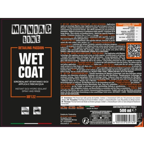 Powłoka hydrofobowa na mokro Spryskaj i spłucz WET COAT 500ml Maniac Line Mafra