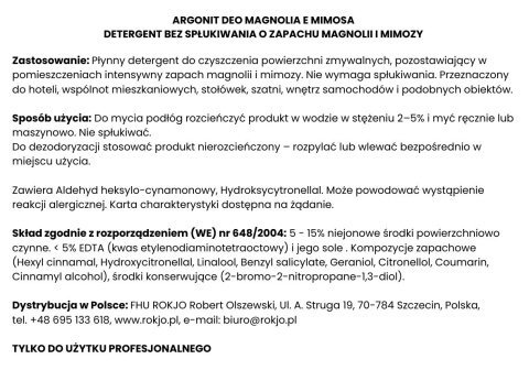 Uniwersalny płyn do powierzchni zmywalnych, zapach magnolii i mimozy ARGONIT DEO MAGNOLIA E MIMOSA 1l Interchem Italia