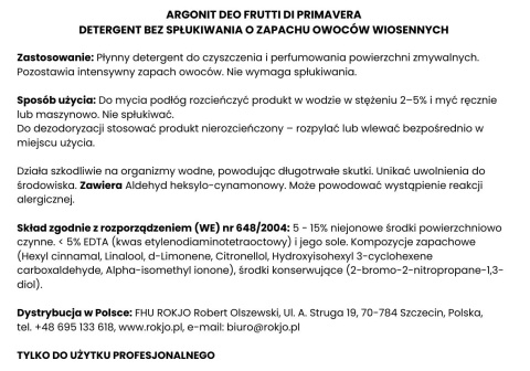 Uniwersalny płyn do powierzchni zmywalnych, zapach owoców wiosennych ARGONIT DEO FRUTTI DI PRIMAVERA 1l Interchem Italia