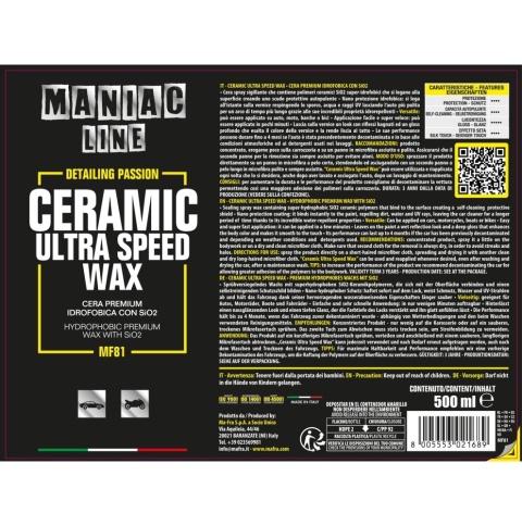 Ceramiczny wosk w sprayu z SiO₂ CERAMIC ULTRA SPEED WAX 500ml Maniac Line Mafra