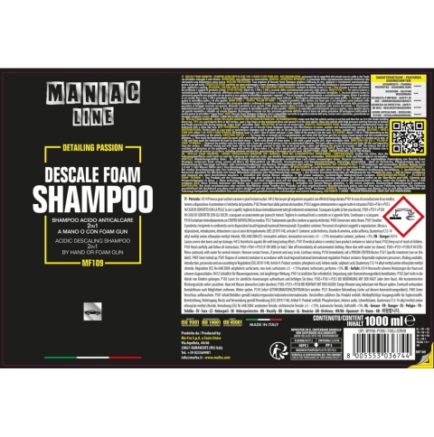 Kwaśny szampon do usuwania osadów wapiennych Odtykający powłoki ceramiczne DESCALE FOAM SHAMPOO 1000ml Maniac Line Mafra