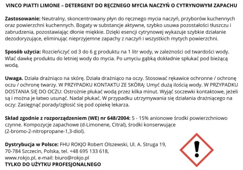 Skoncentrowany płyn do ręcznego mycia naczyń VINCO PIATTI LIMONE 5kg Interchem Italia