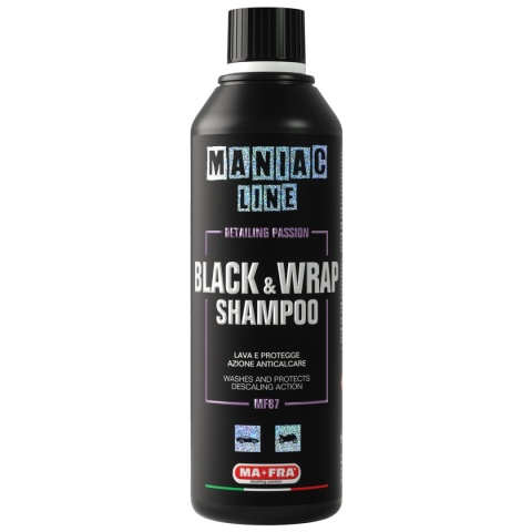 Szampon do czarnych samochodów, karoserii oklejonych foliami PPF także z matowym wykończeniem BLACK & WRAP SHAMPOO 500ml Maniac