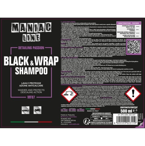 Szampon do czarnych samochodów, karoserii oklejonych foliami PPF także z matowym wykończeniem BLACK & WRAP SHAMPOO 500ml Maniac
