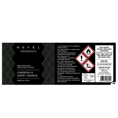 Dyfuzor zapachowy z patyczkami NEFÉL FRAGRANCE GARDENIA & SWEET ORANGE REED DIFFUSER 480ml Interchem Italia