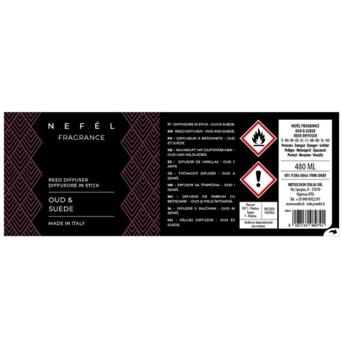 Dyfuzor zapachowy z patyczkami NEFÉL FRAGRANCE OUD & SUEDE REED DIFFUSER 480ml Interchem Italia